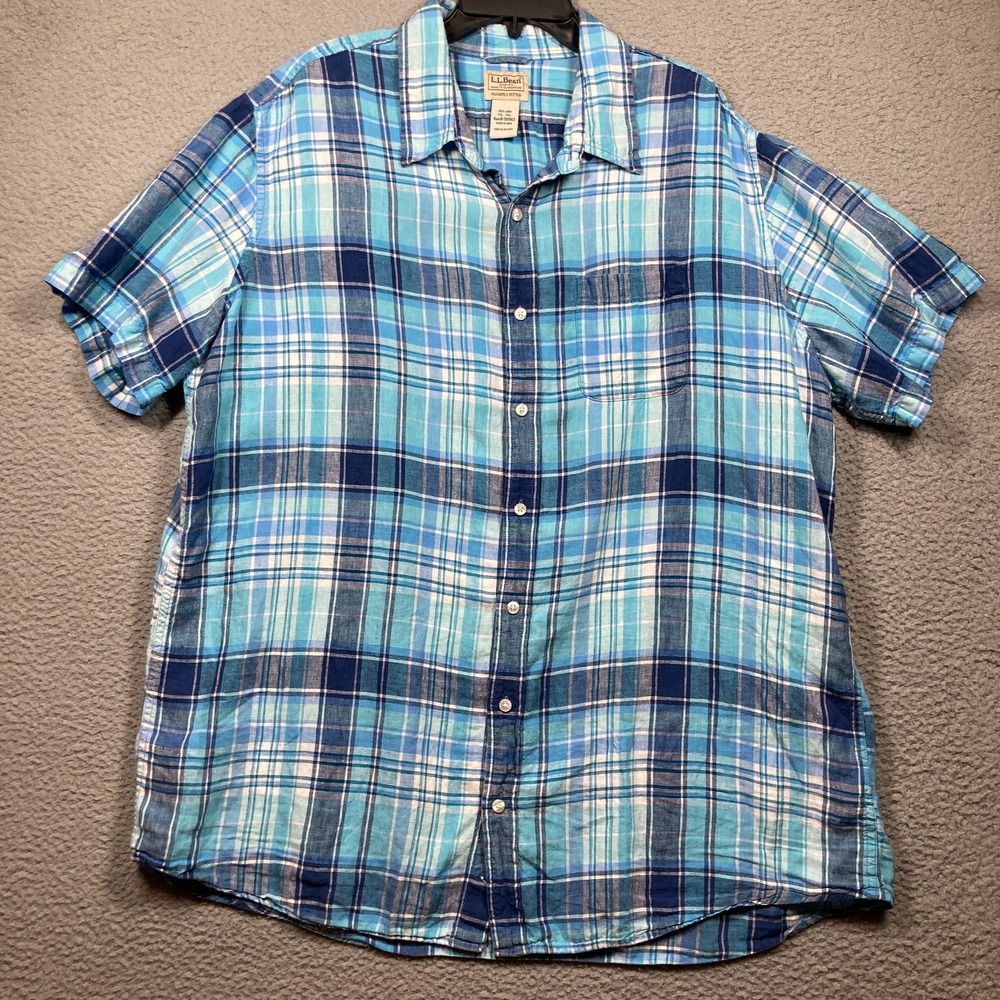 LL Bean Linen Button Shirt Mens XXL Tall Blue Plaid Short Sleeve Slightly Fitted